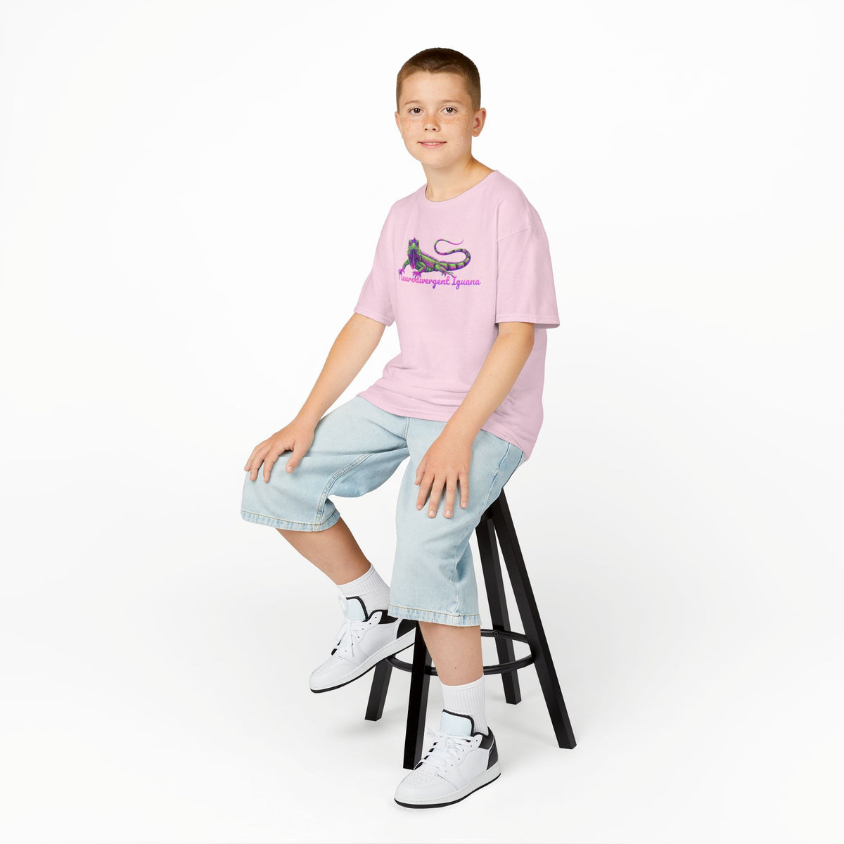Kids Tee — Neon Green & Purple Iguana Graphic “Fluorescent Iguana”