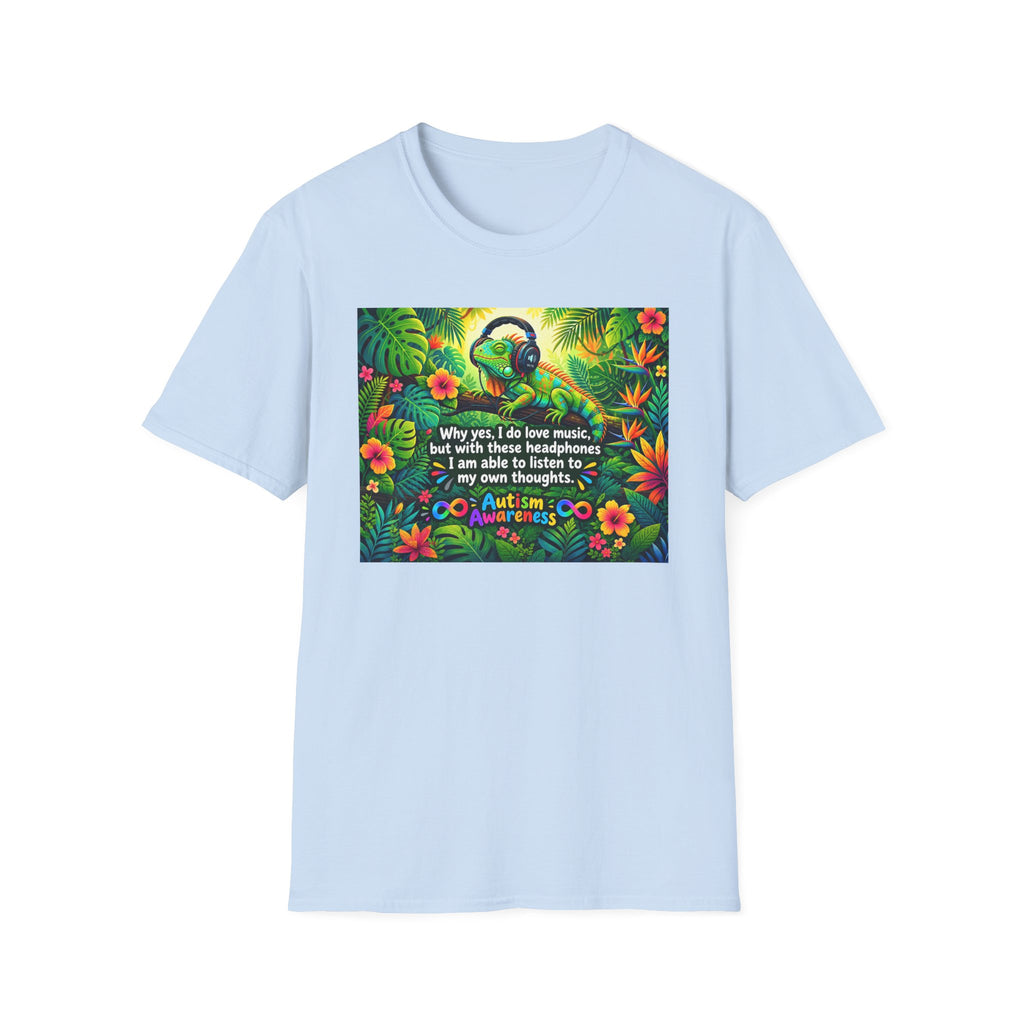 Autism Awareness T-Shirt — 'I Love Music, I Hear Headphones' Floral Design