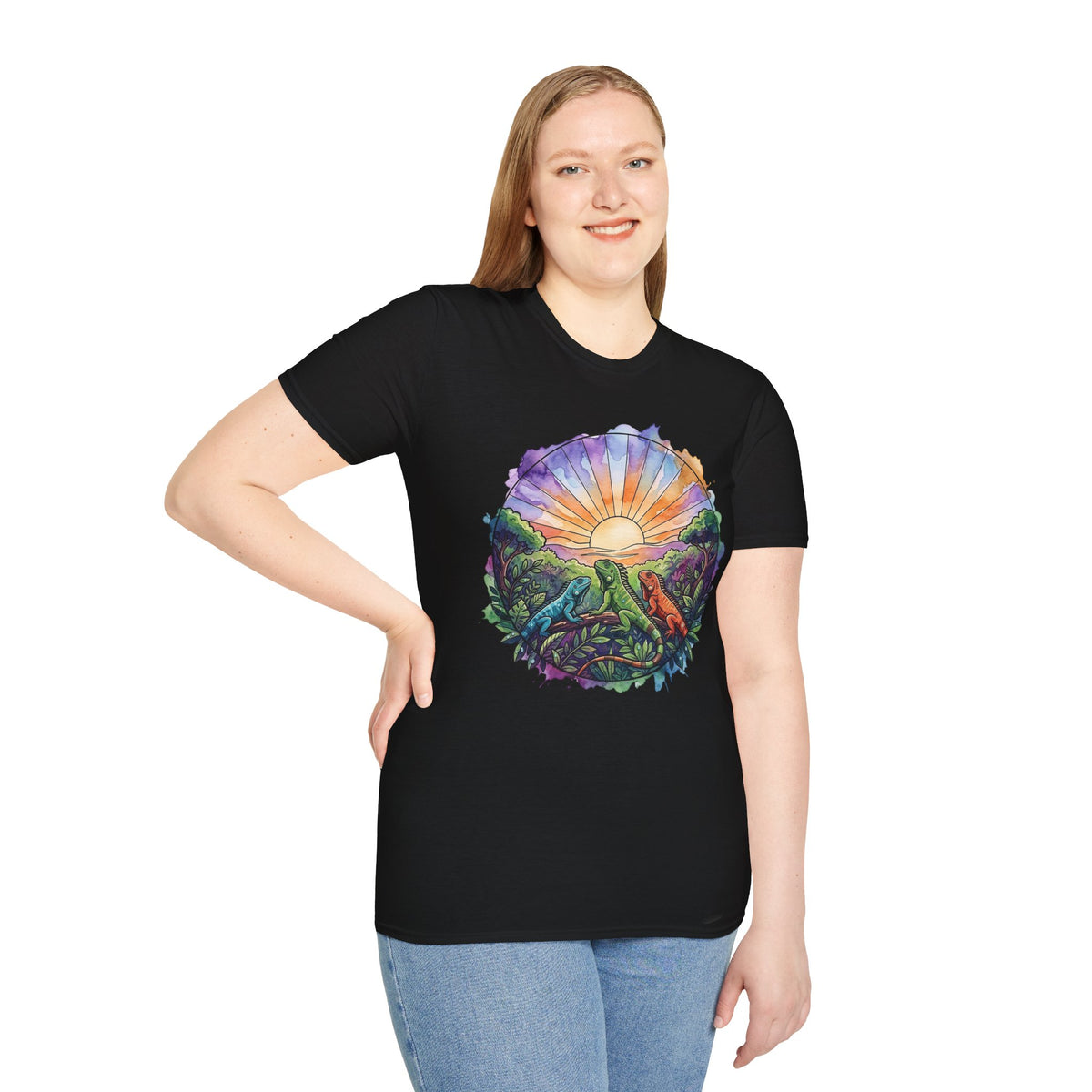 Sunrise Iguanas T-Shirt — Colorful Mountain Sunrise with Forest Trail