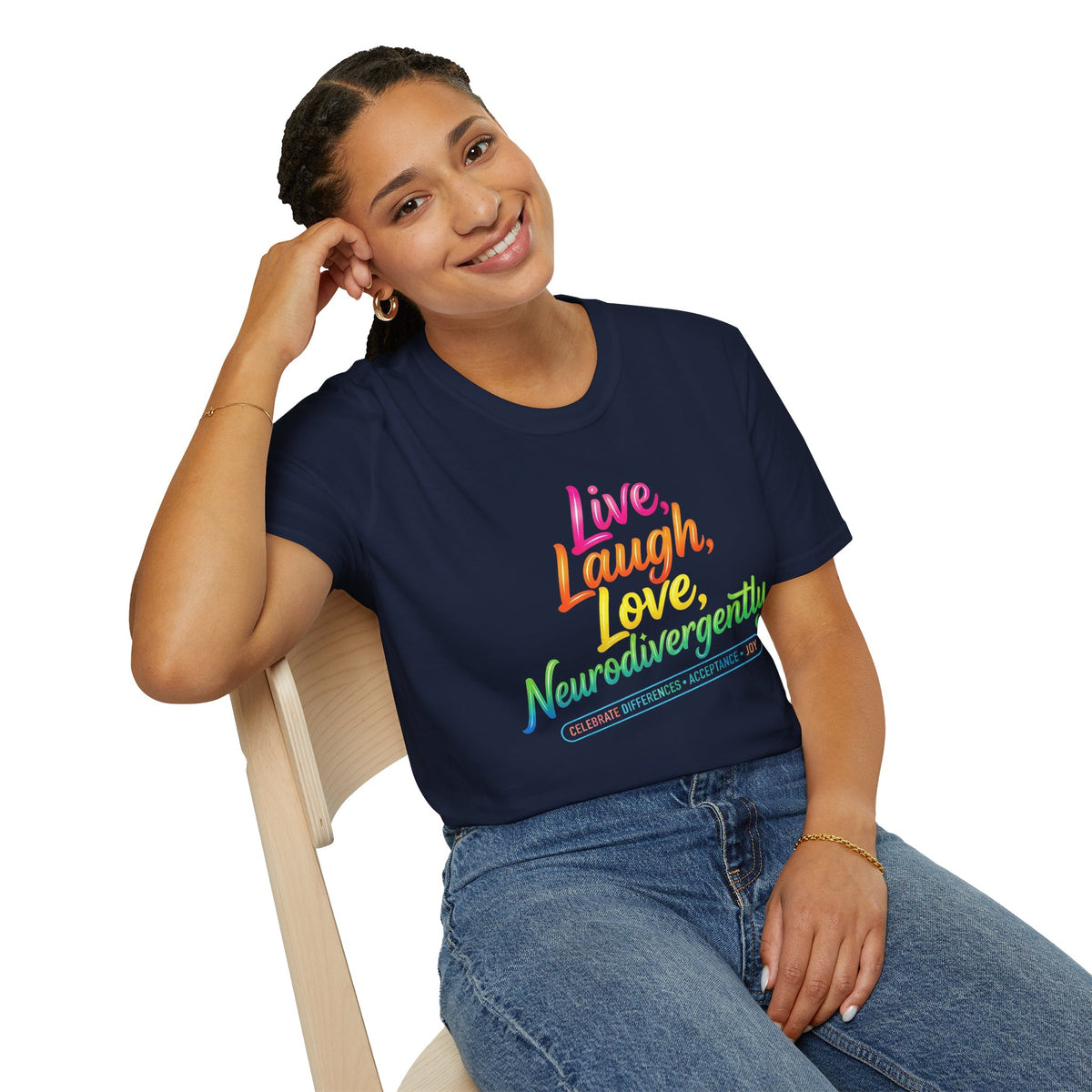 Neurodivergent Pride T-Shirt — “Live, Laugh, Love, Neurodivergently” Rainbow Tee