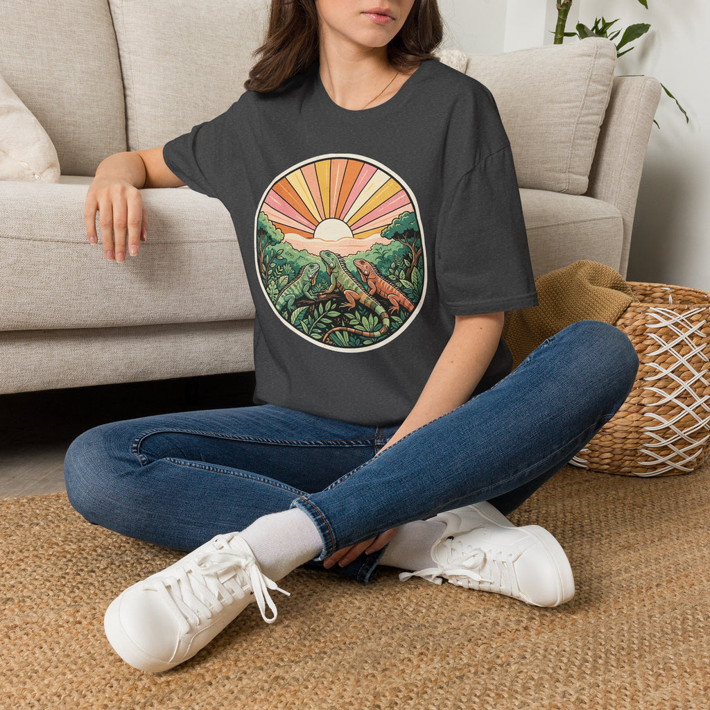Sunrise Jungle T-Shirt — Retro Tropical Sunset Graphic Tee