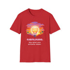 Clarity Please T-Shirt — Retro Sunset Lightbulb "Say What You Actually Mean" Graphic Tee
