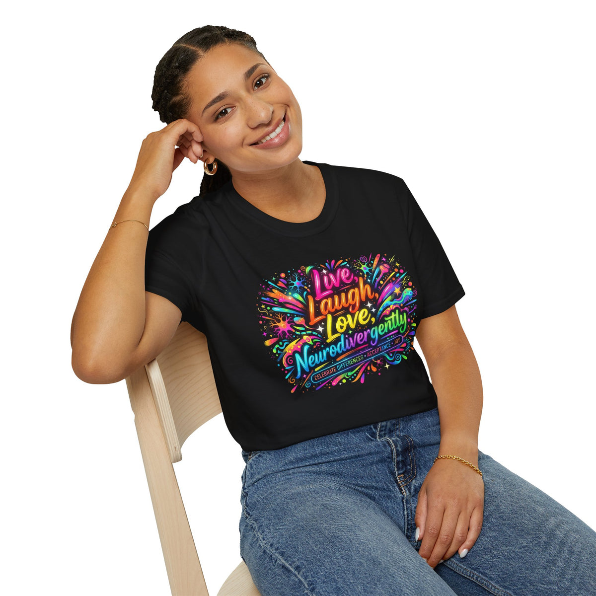 T-Shirt — "Live Laugh Love, Neurodivergently" Rainbow Splatter