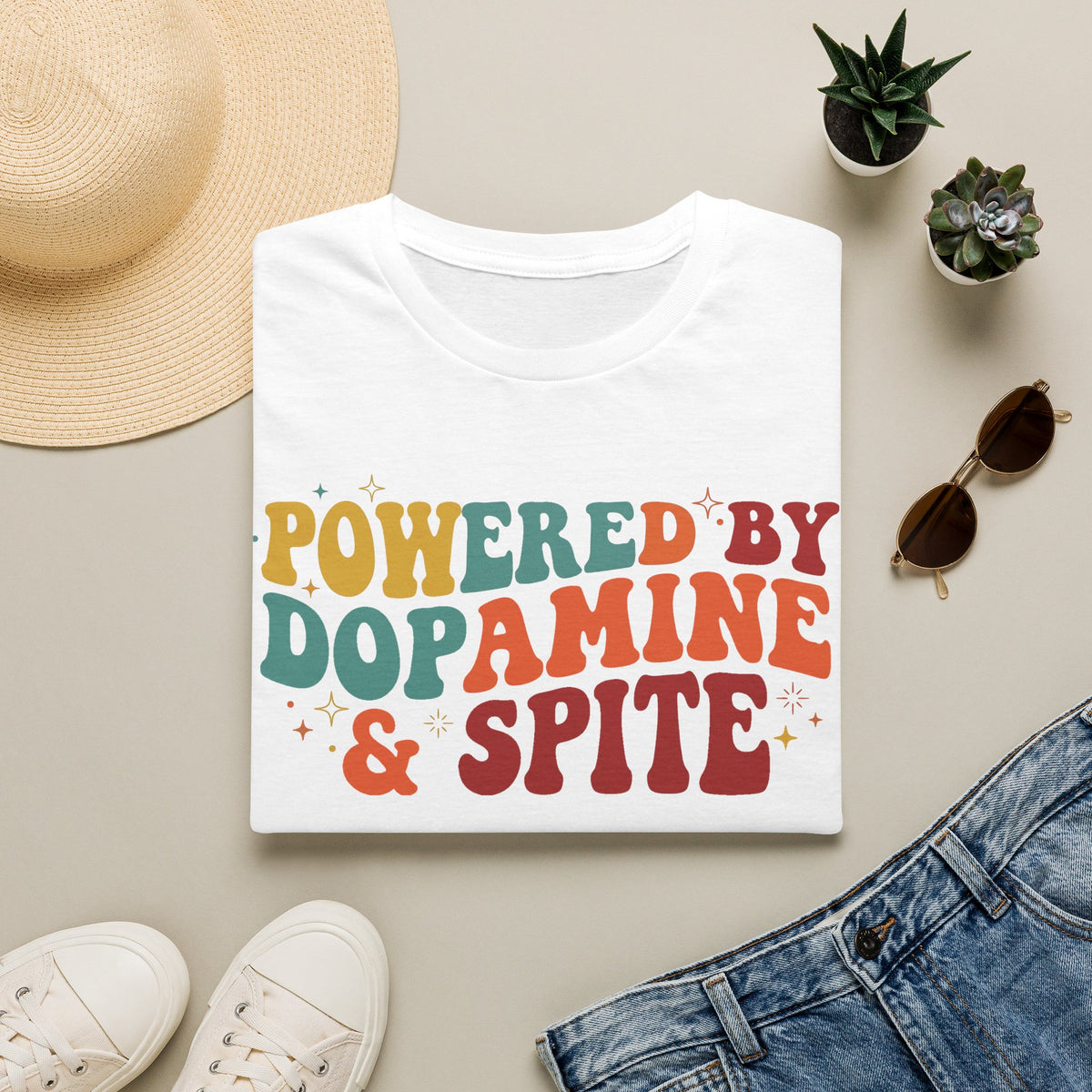 Graphic Tee — "Powered by Dopamine & Spite" Retro Colorful Quote Shirt