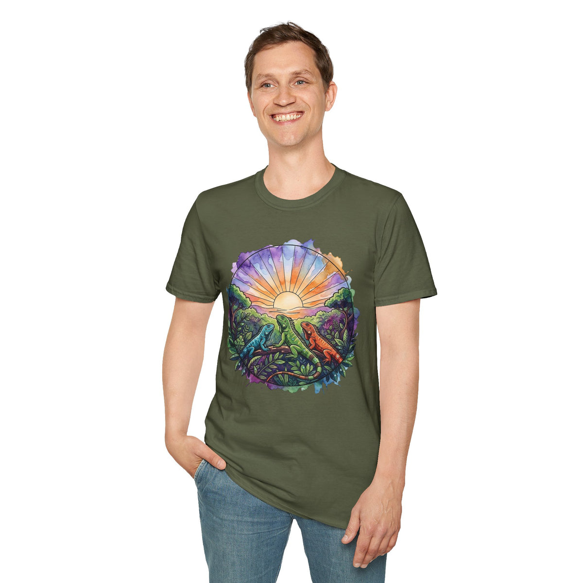Sunrise Iguanas T-Shirt — Colorful Mountain Sunrise with Forest Trail