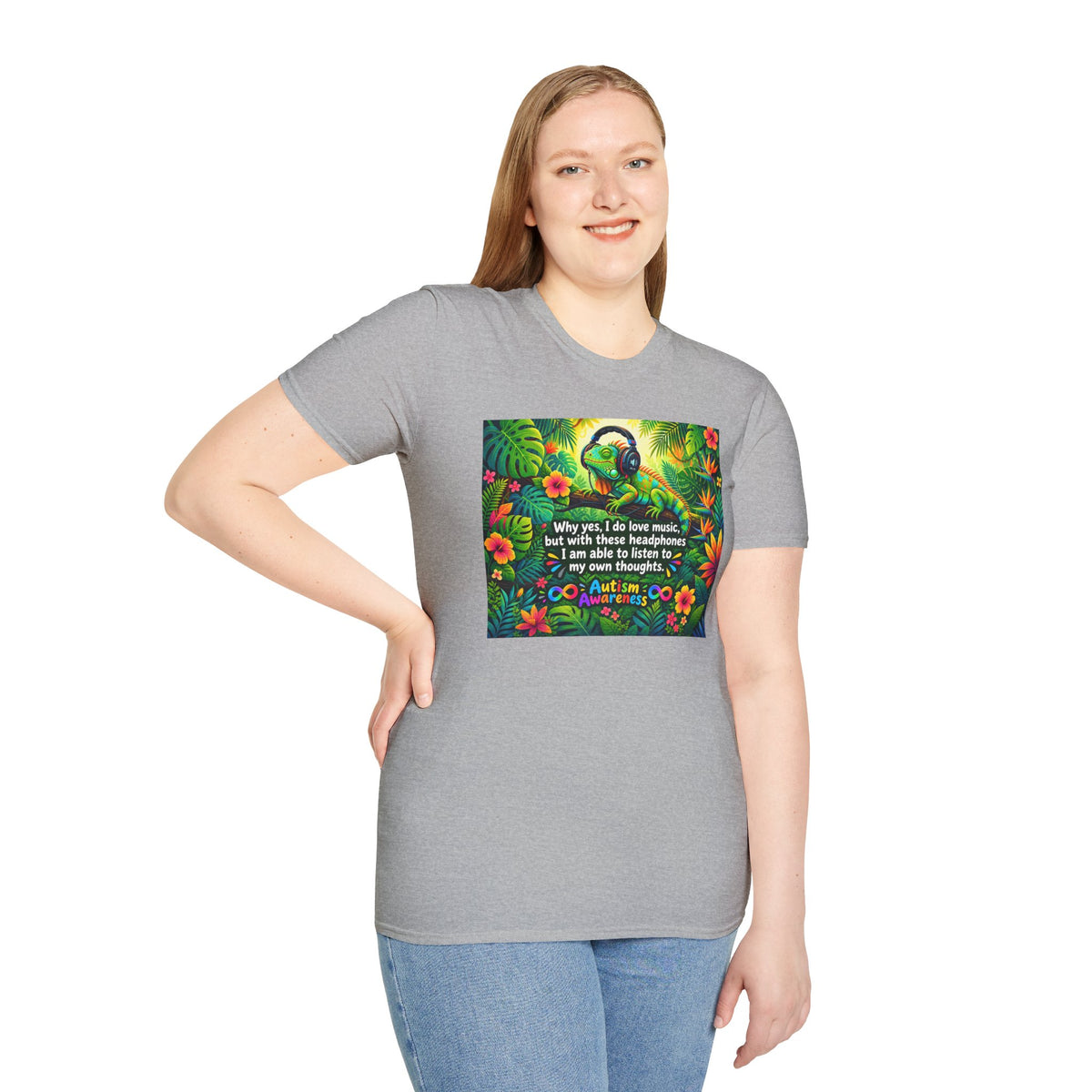 Autism Awareness T-Shirt — 'I Love Music, I Hear Headphones' Floral Design