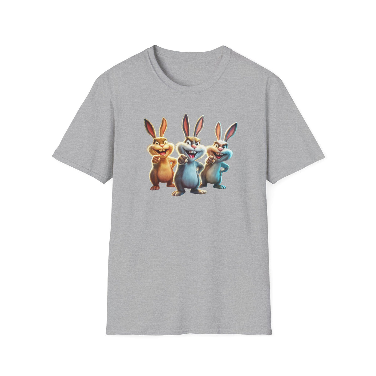 Funny Cartoon Bunnies T-Shirt — Three Playful Rabbits Graphic Tee