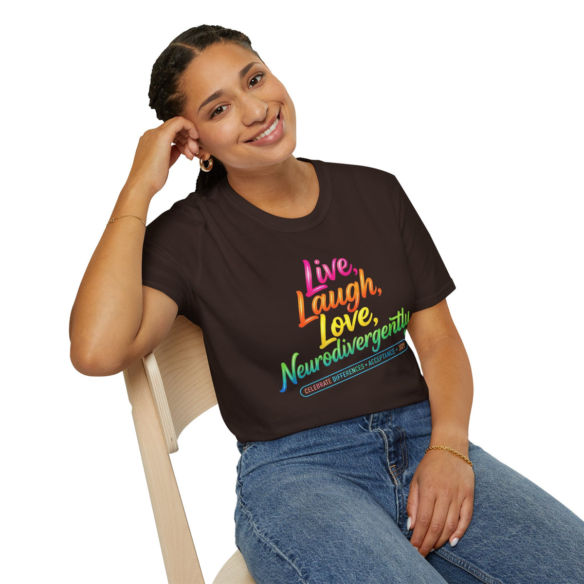 Neurodivergent Pride T-Shirt — “Live, Laugh, Love, Neurodivergently” Rainbow Tee