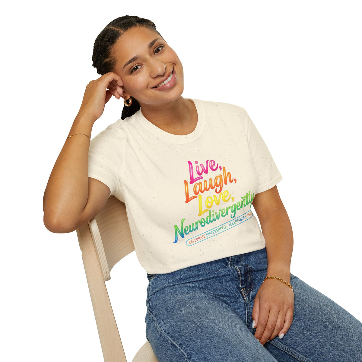 Neurodivergent Pride T-Shirt — “Live, Laugh, Love, Neurodivergently” Rainbow Tee