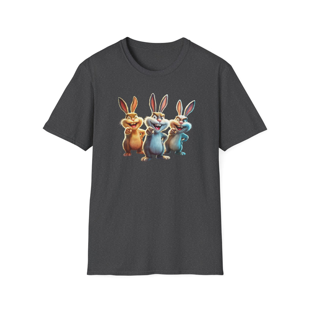 Funny Cartoon Bunnies T-Shirt — Three Playful Rabbits Graphic Tee
