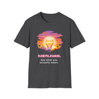 Clarity Please T-Shirt — Retro Sunset Lightbulb "Say What You Actually Mean" Graphic Tee
