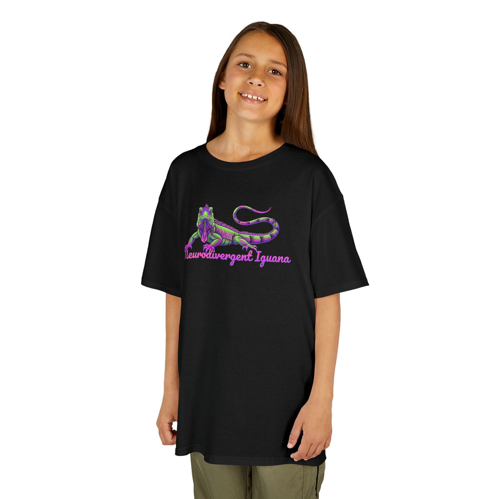 Kids Tee — Neon Green & Purple Iguana Graphic “Fluorescent Iguana”