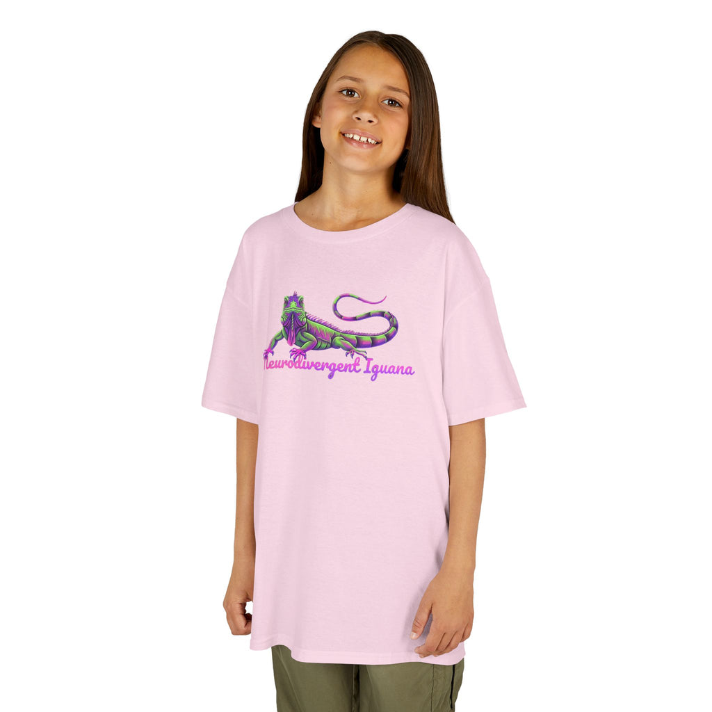 Kids Tee — Neon Green & Purple Iguana Graphic “Fluorescent Iguana”