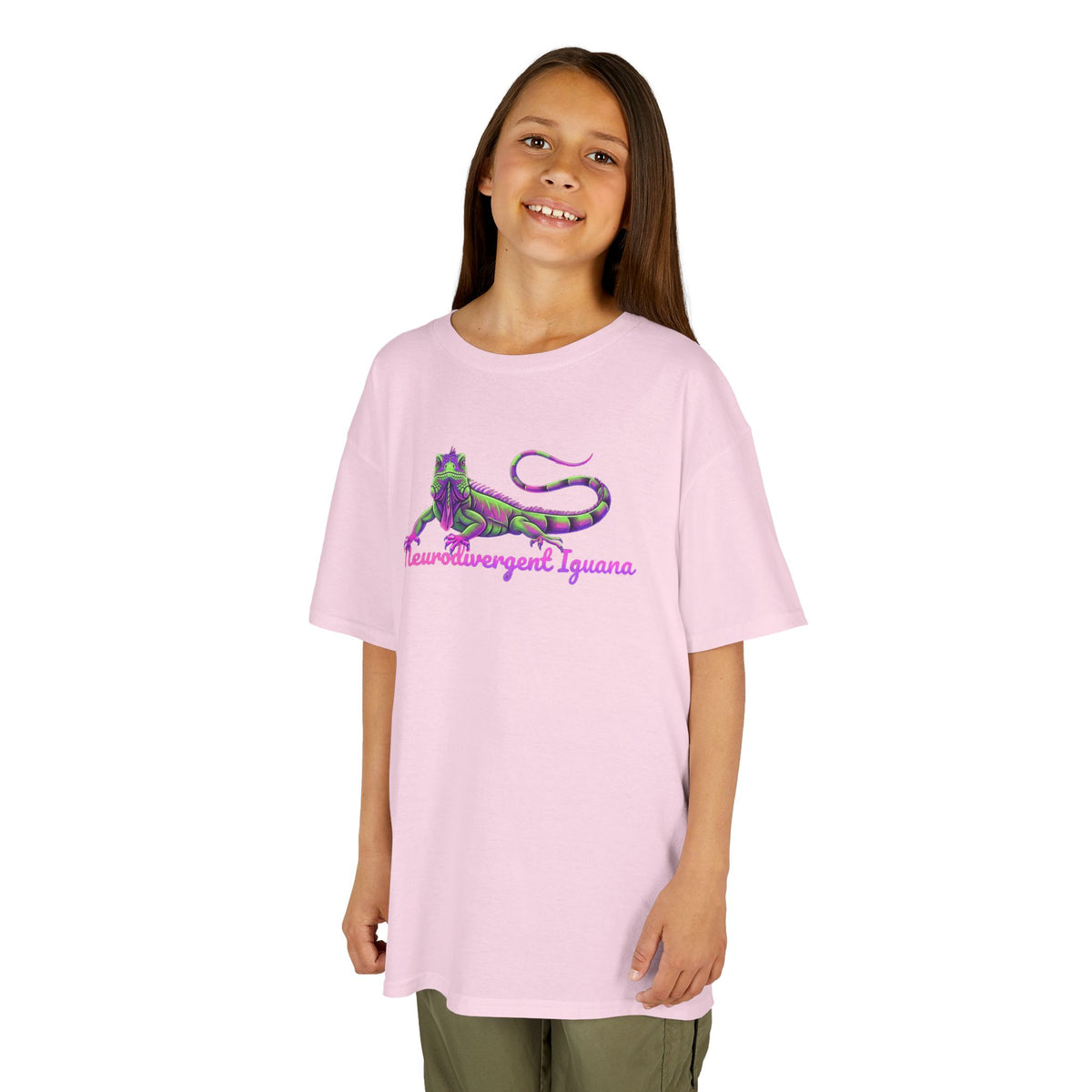 Kids Tee — Neon Green & Purple Iguana Graphic “Fluorescent Iguana”