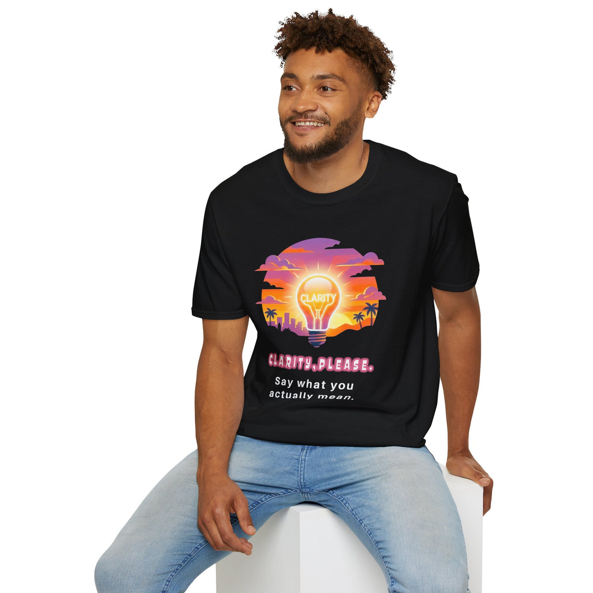Clarity Please T-Shirt — Retro Sunset Lightbulb "Say What You Actually Mean" Graphic Tee