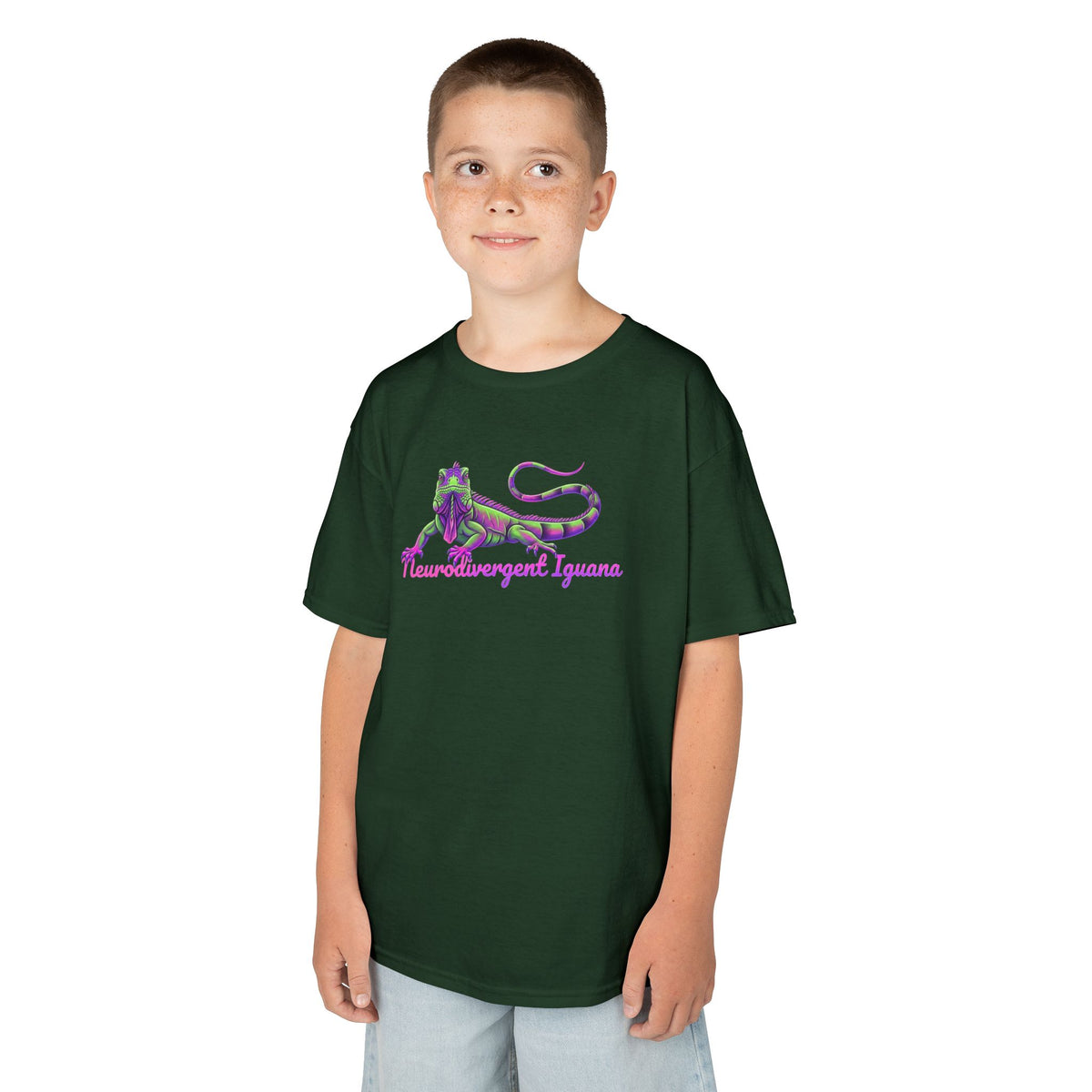 Kids Tee — Neon Green & Purple Iguana Graphic “Fluorescent Iguana”