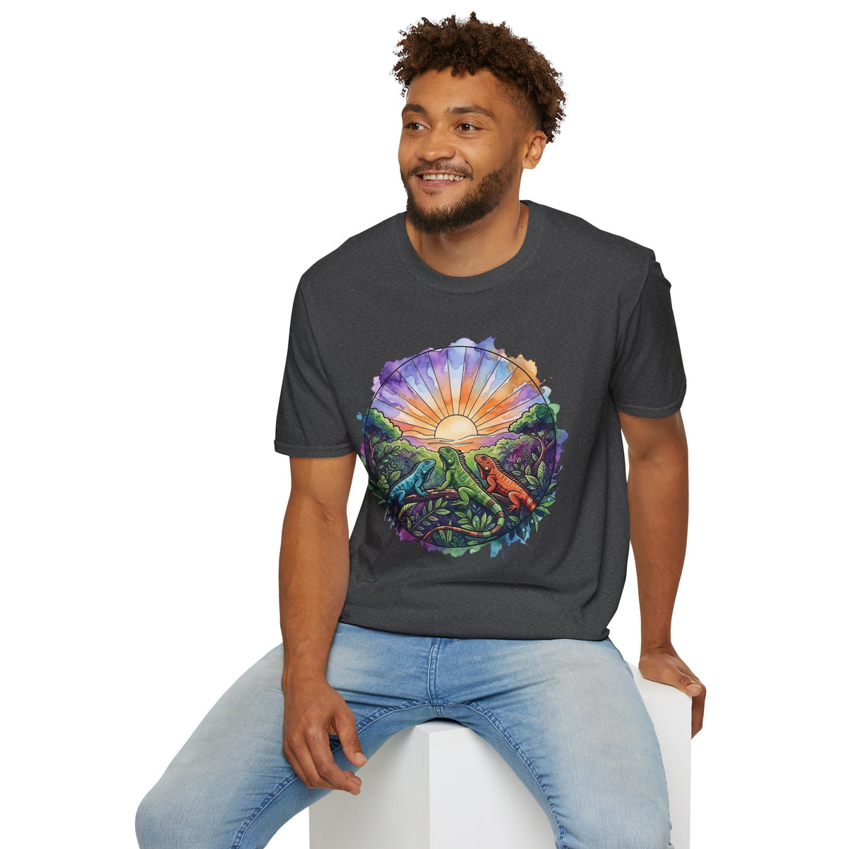 Sunrise Iguanas T-Shirt — Colorful Mountain Sunrise with Forest Trail