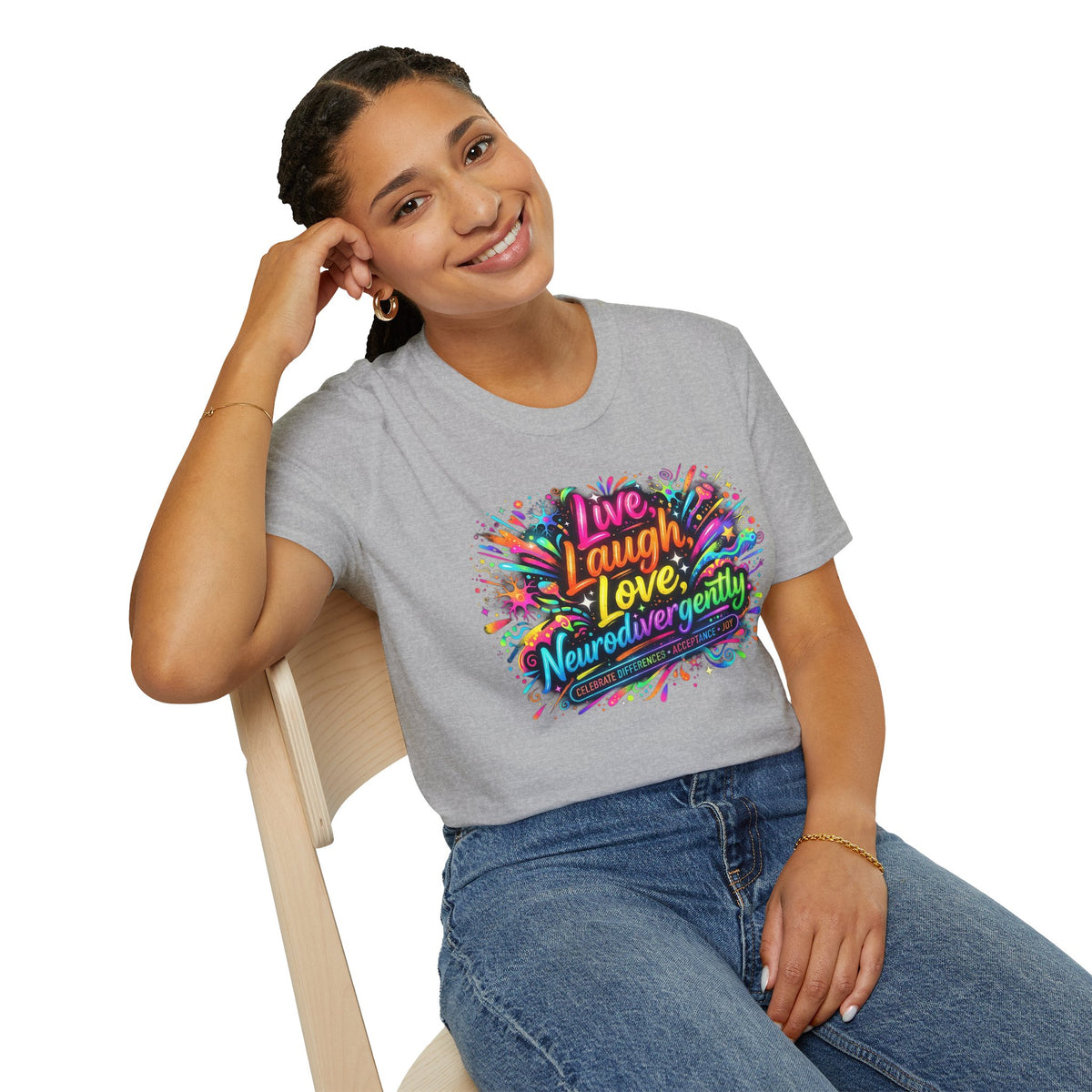 T-Shirt — "Live Laugh Love, Neurodivergently" Rainbow Splatter
