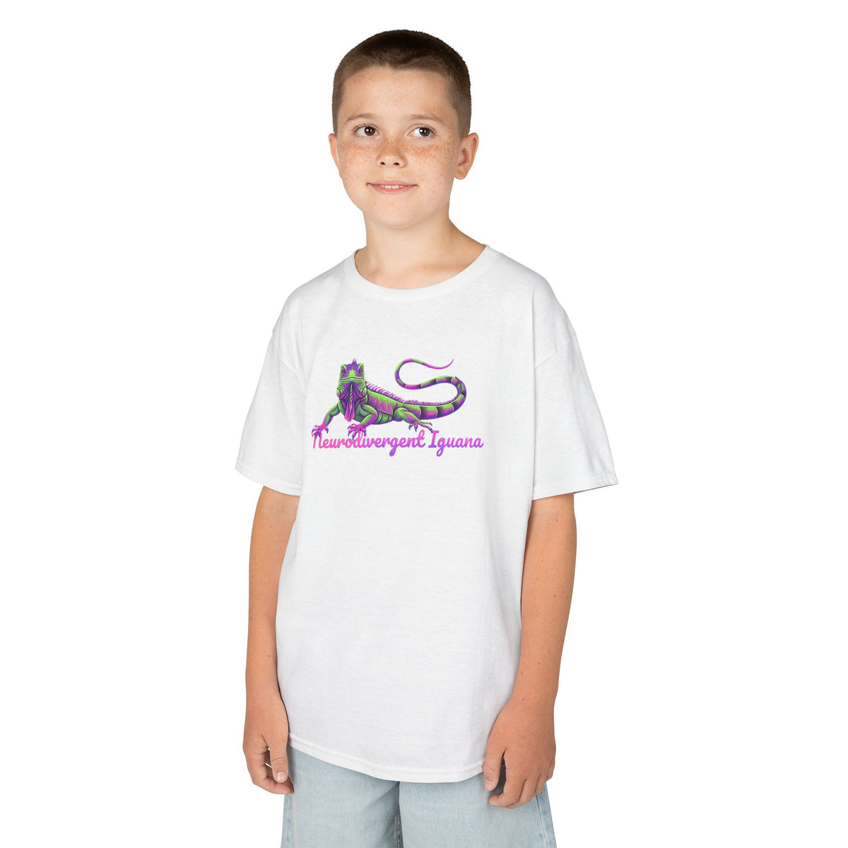 Kids Tee — Neon Green & Purple Iguana Graphic “Fluorescent Iguana”