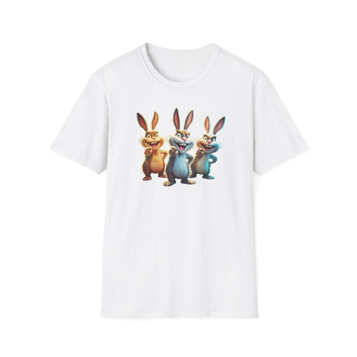 Funny Cartoon Bunnies T-Shirt — Three Playful Rabbits Graphic Tee