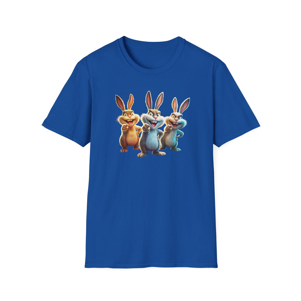 Funny Cartoon Bunnies T-Shirt — Three Playful Rabbits Graphic Tee