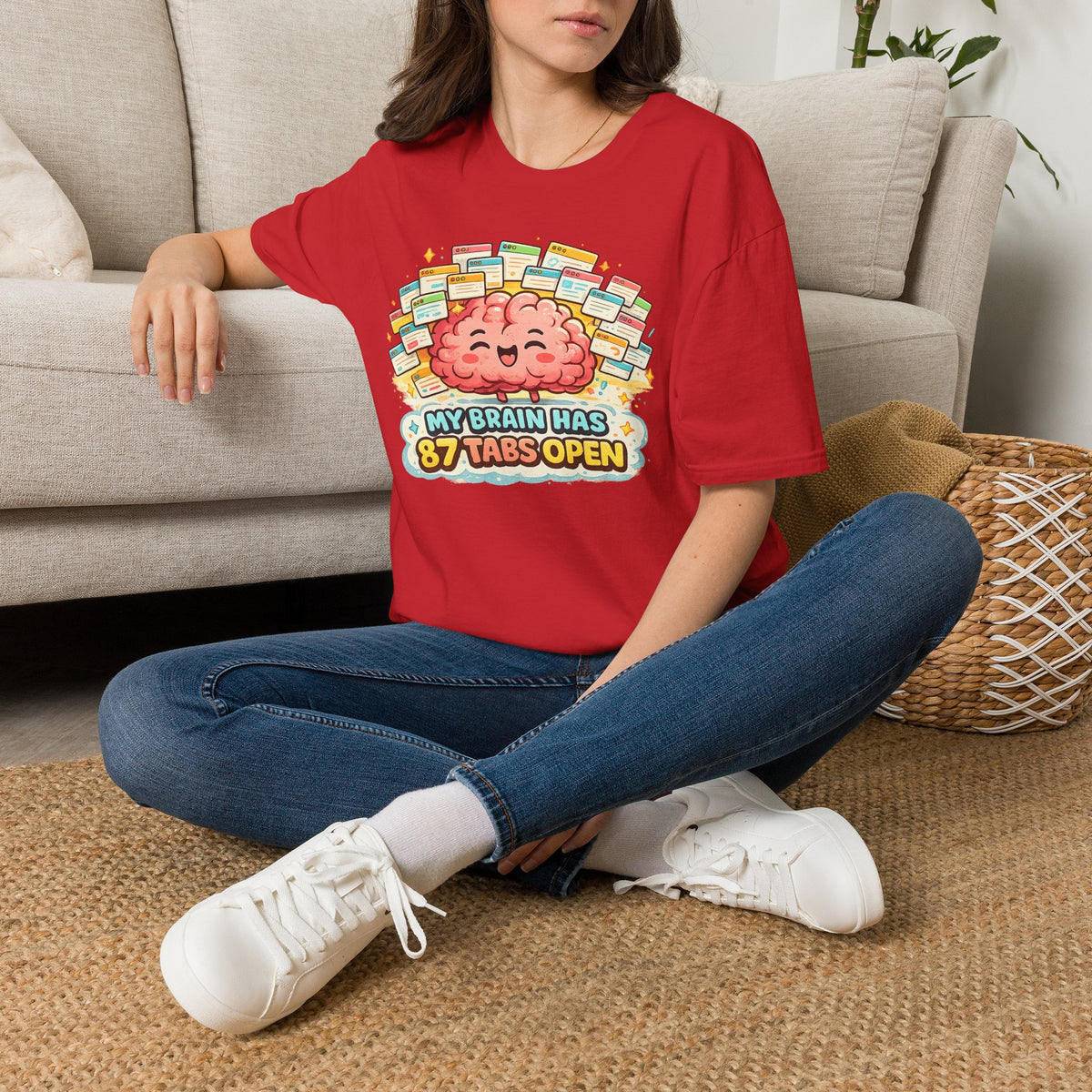 My Brain Has 87 Tabs Open T-Shirt — Cute Cartoon Brain Mental Load Graphic Tee