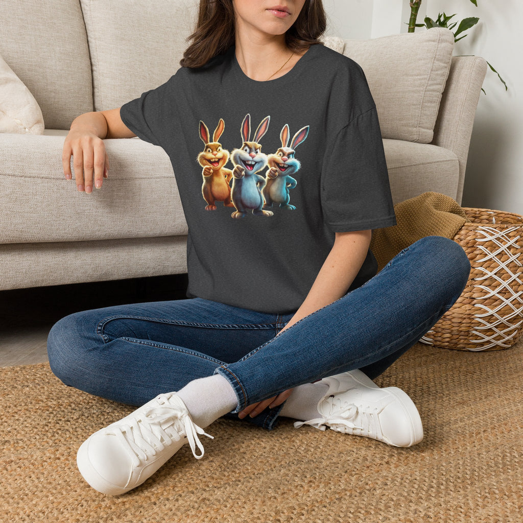 Funny Cartoon Bunnies T-Shirt — Three Playful Rabbits Graphic Tee