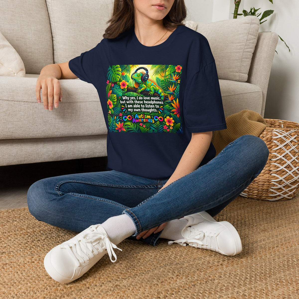 Autism Awareness T-Shirt — 'I Love Music, I Hear Headphones' Floral Design