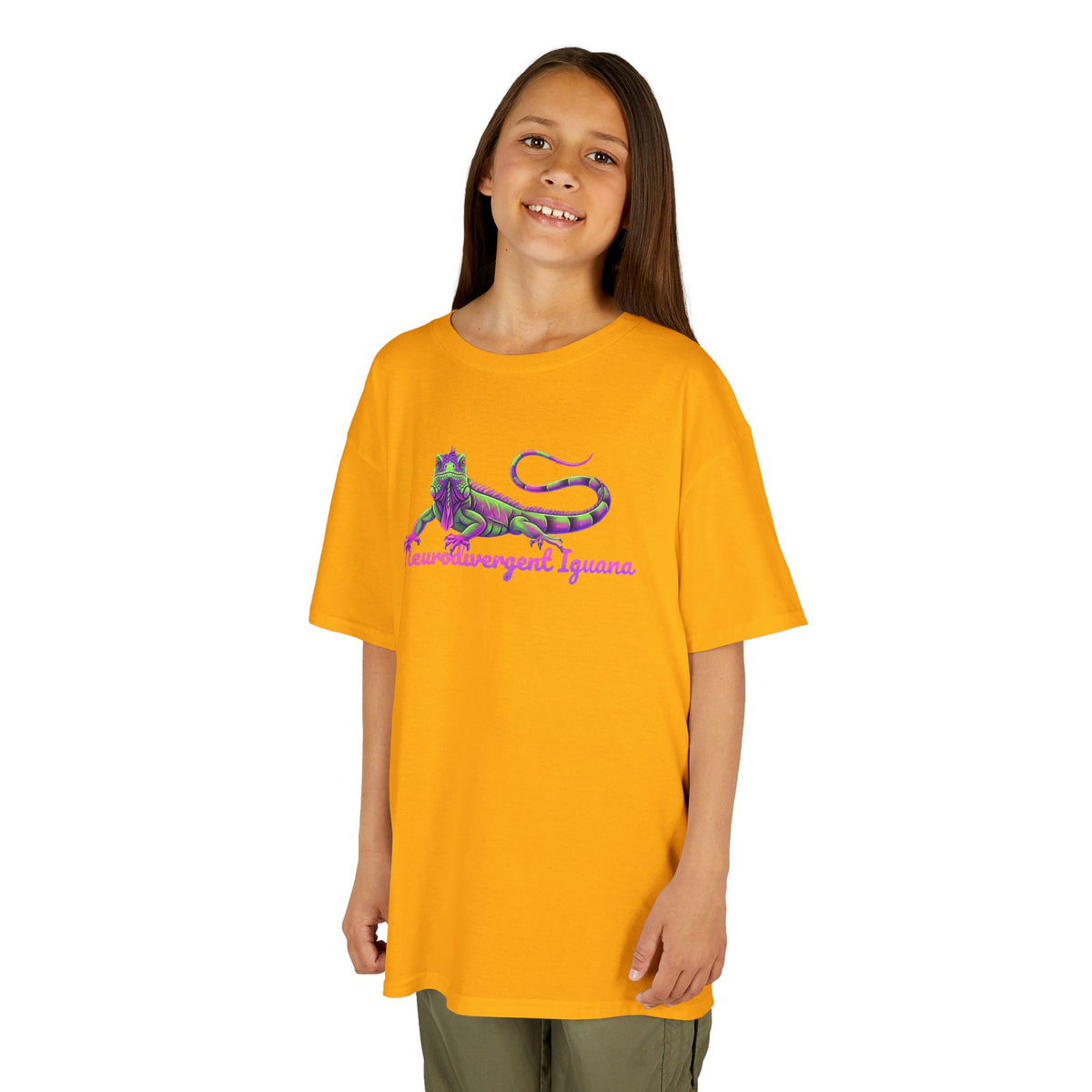 Kids Tee — Neon Green & Purple Iguana Graphic “Fluorescent Iguana”