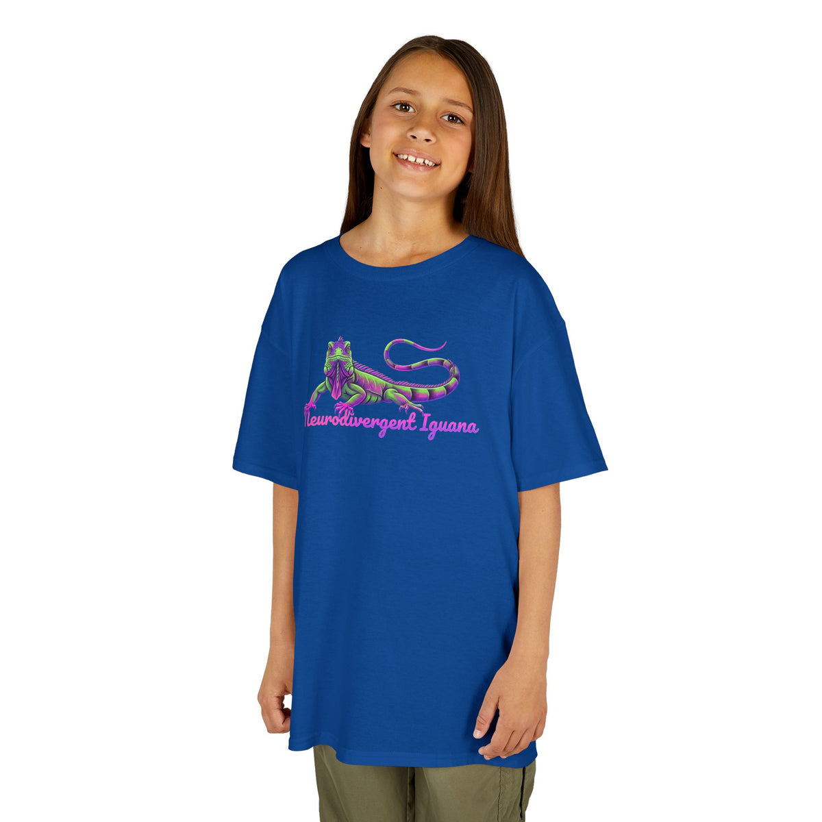 Kids Tee — Neon Green & Purple Iguana Graphic “Fluorescent Iguana”