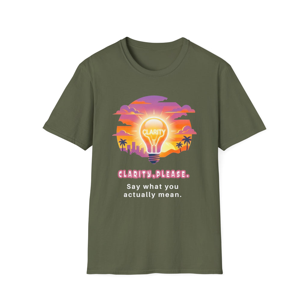 Clarity Please T-Shirt — Retro Sunset Lightbulb "Say What You Actually Mean" Graphic Tee