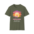 Clarity Please T-Shirt — Retro Sunset Lightbulb "Say What You Actually Mean" Graphic Tee