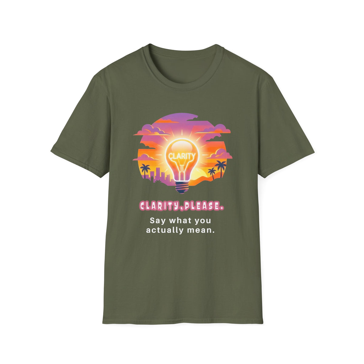 Clarity Please T-Shirt — Retro Sunset Lightbulb "Say What You Actually Mean" Graphic Tee