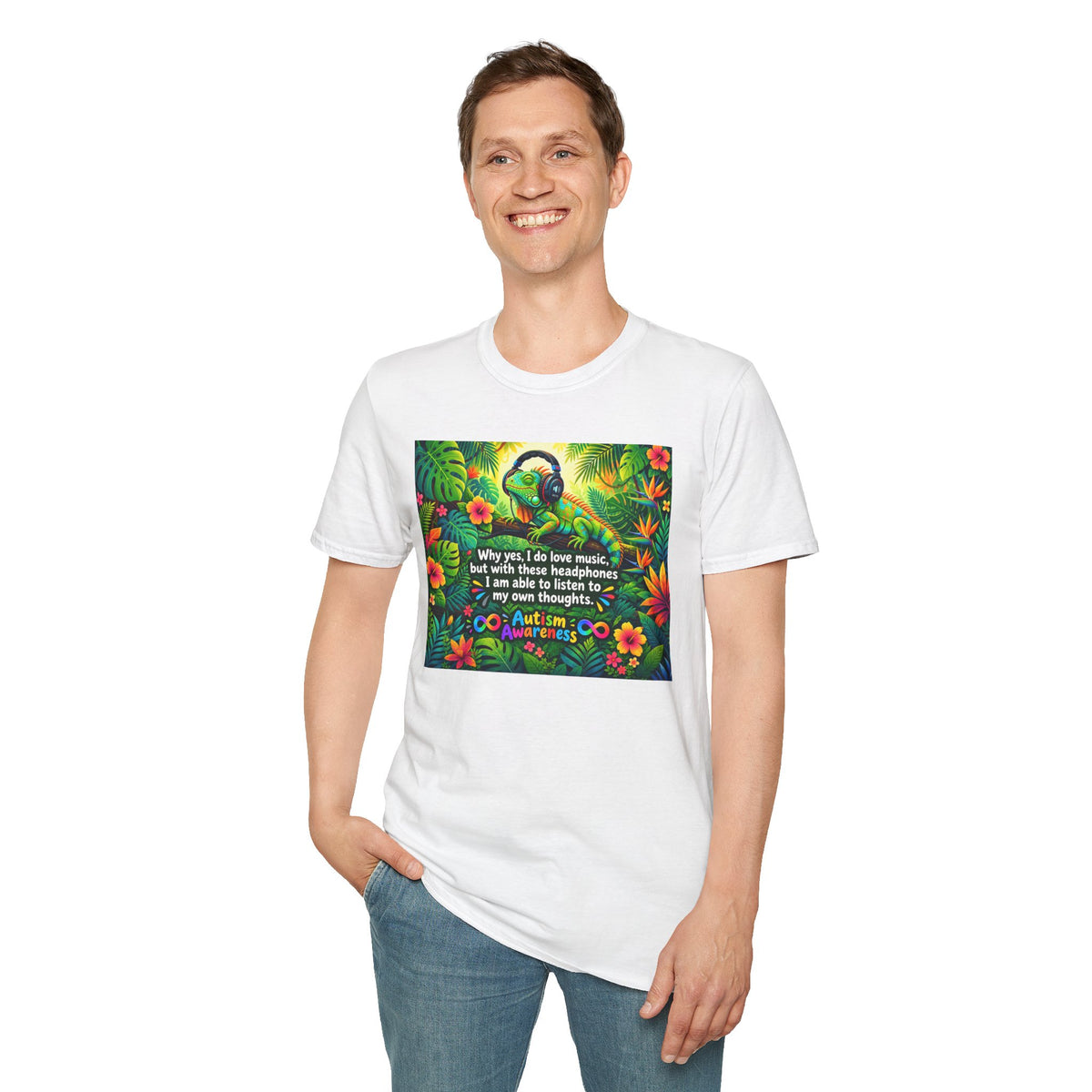 Autism Awareness T-Shirt — 'I Love Music, I Hear Headphones' Floral Design