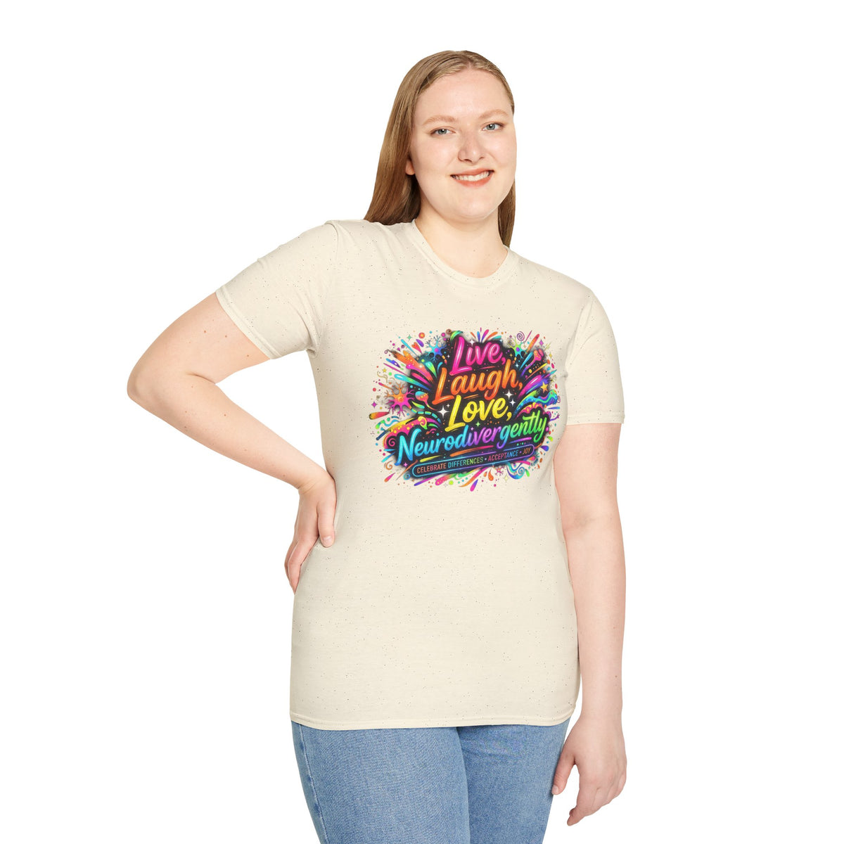 T-Shirt — "Live Laugh Love, Neurodivergently" Rainbow Splatter