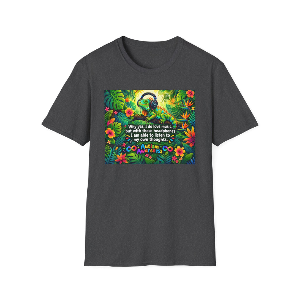 Autism Awareness T-Shirt — 'I Love Music, I Hear Headphones' Floral Design