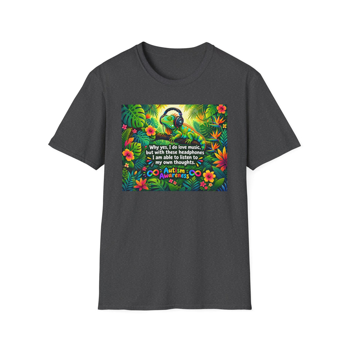 Autism Awareness T-Shirt — 'I Love Music, I Hear Headphones' Floral Design
