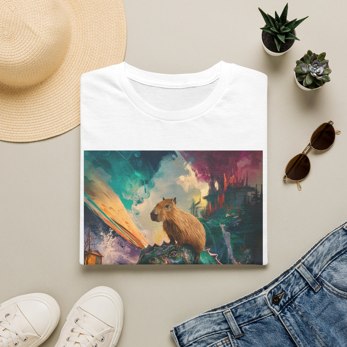 Surreal Capybara Wave T-Shirt — Colorful Fantasy Animal Tee
