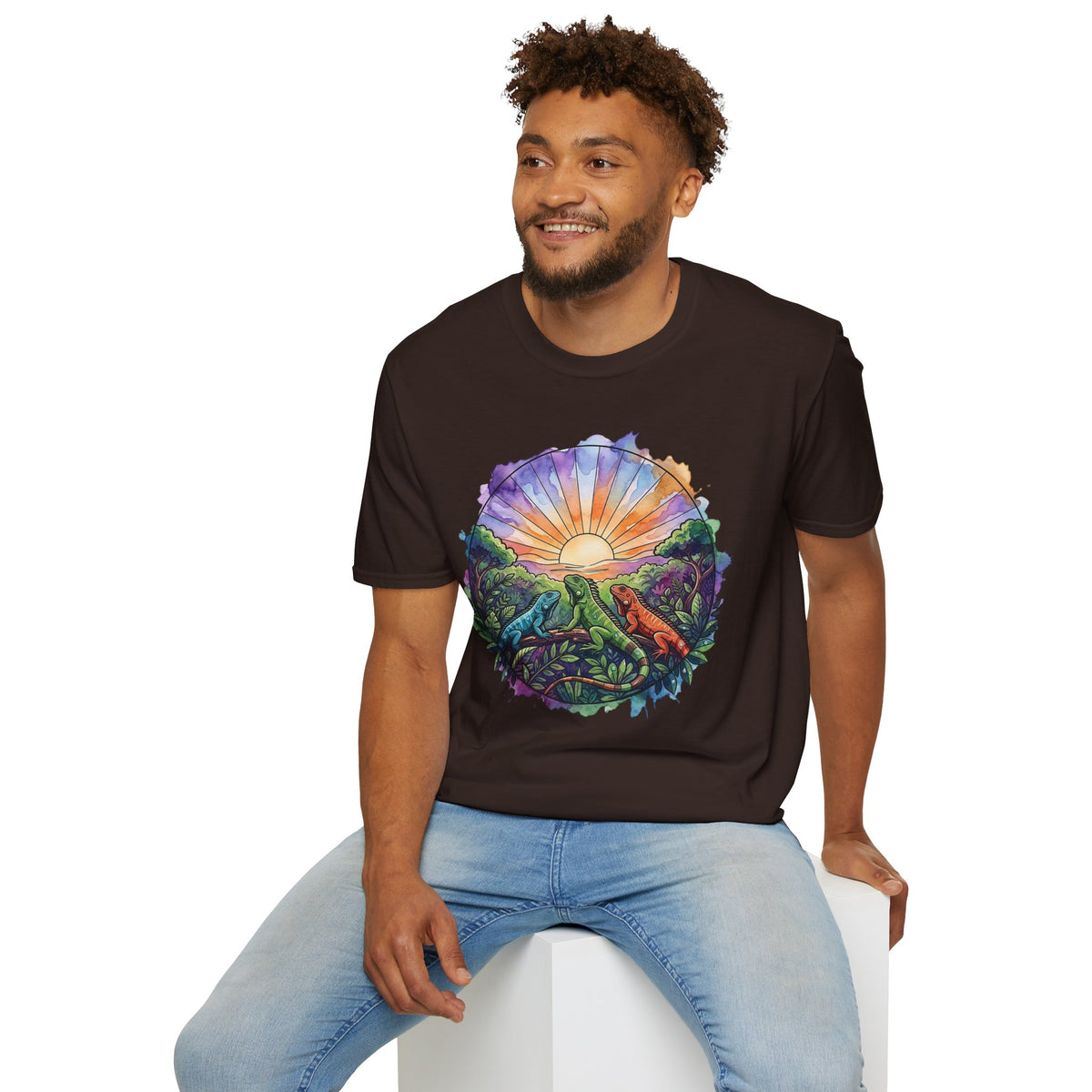 Sunrise Iguanas T-Shirt — Colorful Mountain Sunrise with Forest Trail