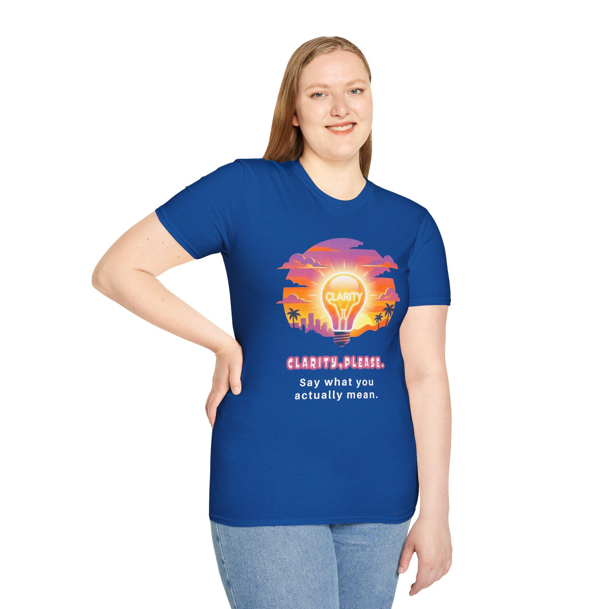 Clarity Please T-Shirt — Retro Sunset Lightbulb "Say What You Actually Mean" Graphic Tee