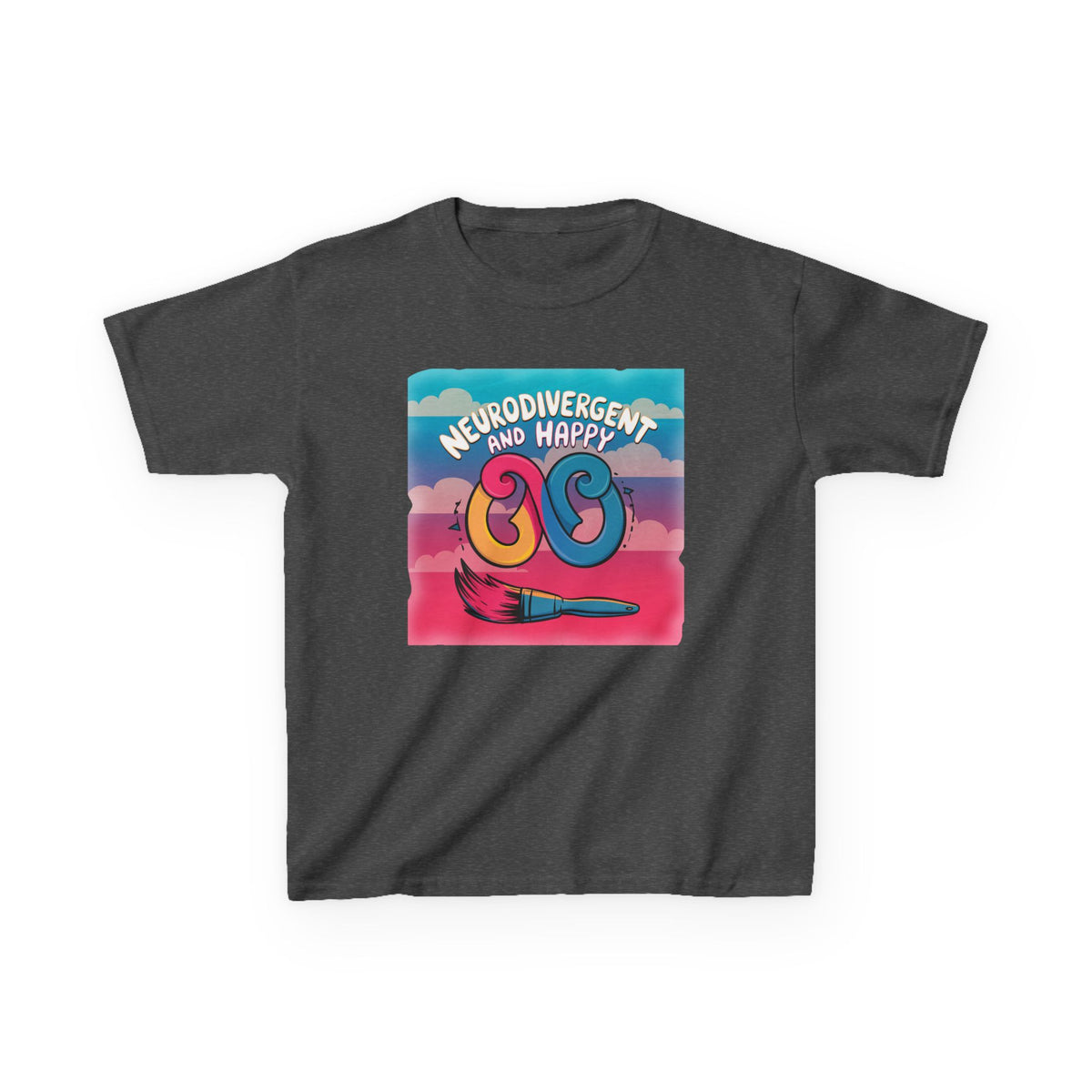 Kids Tee — "Neurodivergent and Happy" Colorful Art Brush Design
