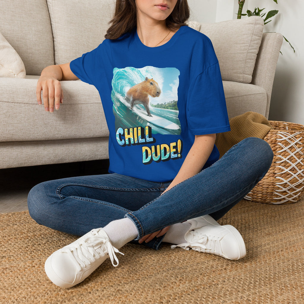 Capybara Surfing T‑Shirt — "Chill Dude!" Beach Vibe Tee