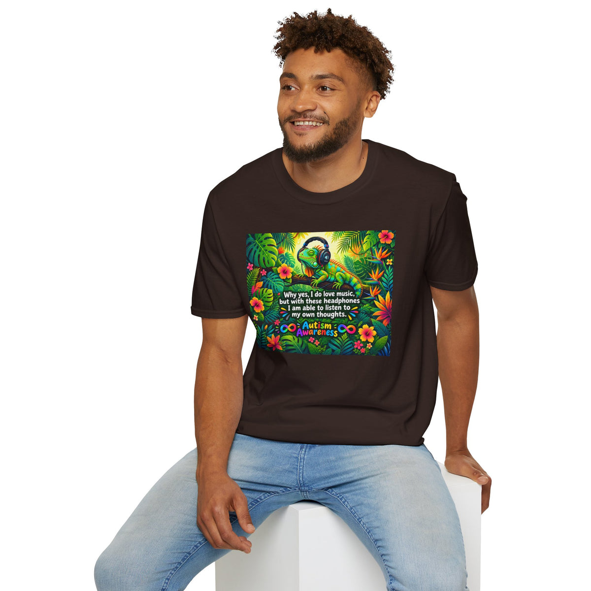 Autism Awareness T-Shirt — 'I Love Music, I Hear Headphones' Floral Design