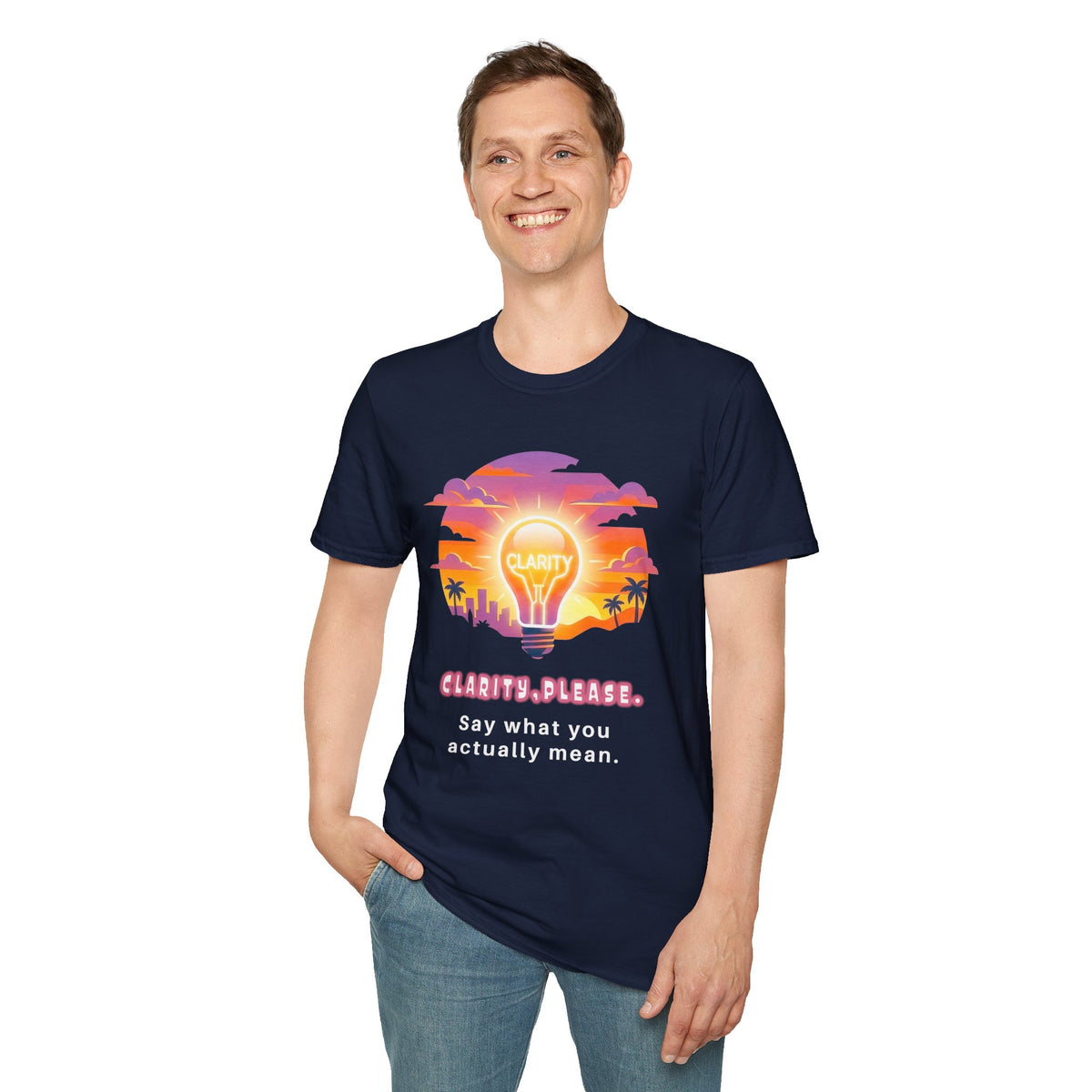 Clarity Please T-Shirt — Retro Sunset Lightbulb "Say What You Actually Mean" Graphic Tee