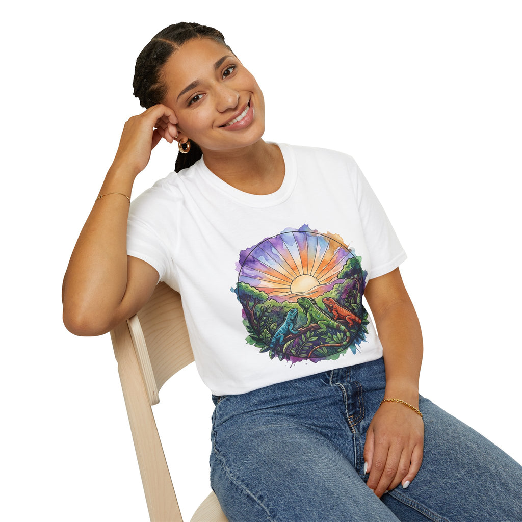 Sunrise Iguanas T-Shirt — Colorful Mountain Sunrise with Forest Trail