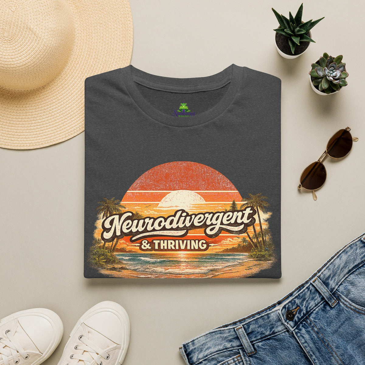 Neurodivergent & Thriving Tee — Retro Sunset Palm Graphic T-Shirt