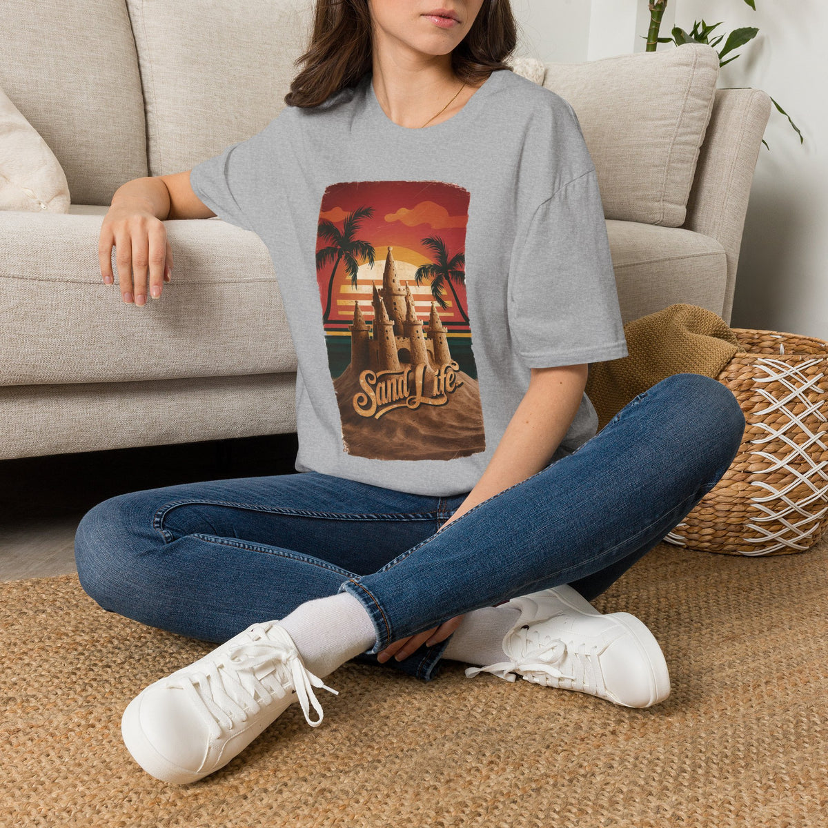 Sand Life T-Shirt — Retro Sunset Palm Beach Sandcastle Tee