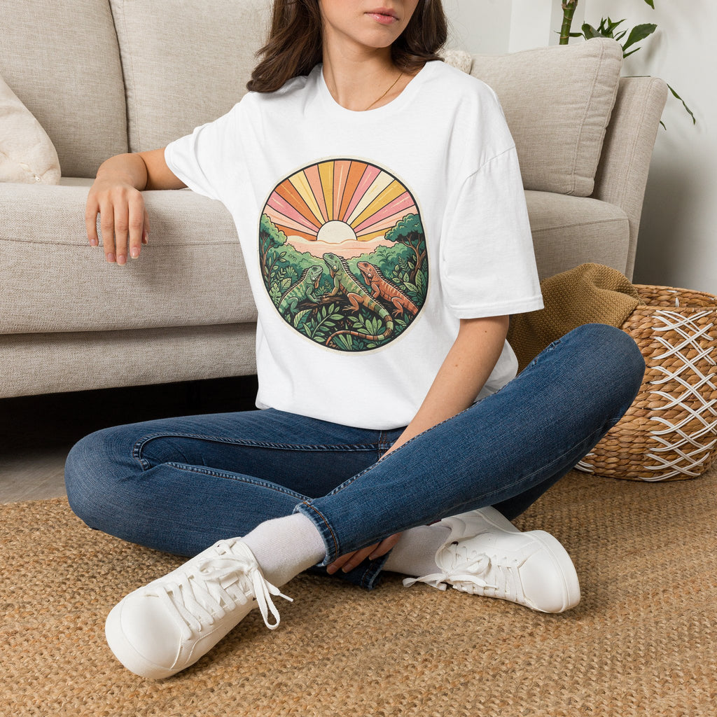 Sunrise Jungle T-Shirt — Retro Tropical Sunset Graphic Tee