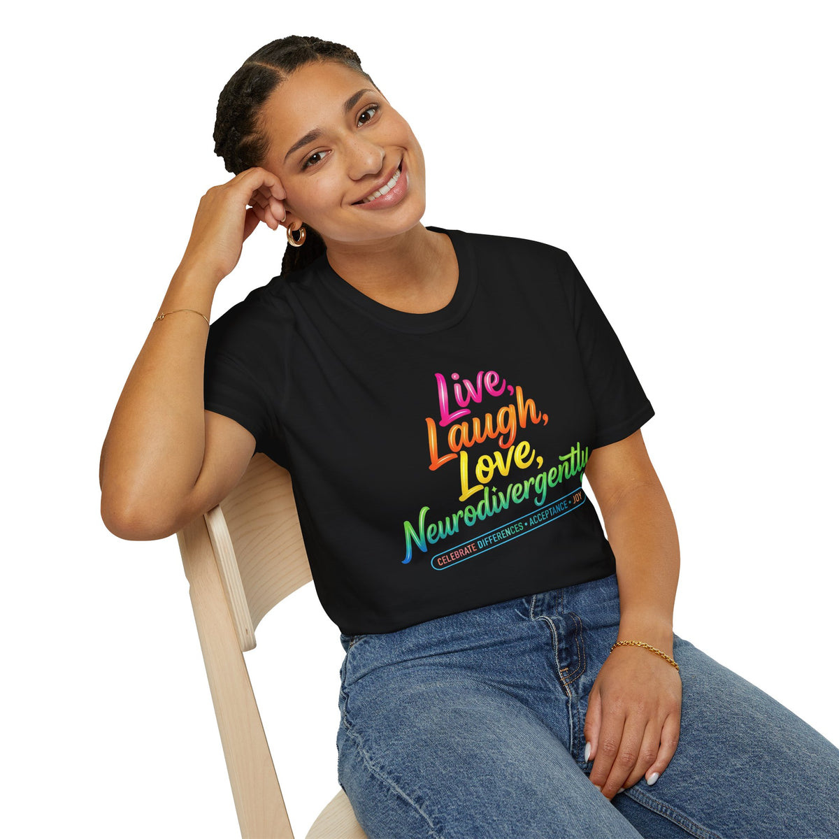 Neurodivergent Pride T-Shirt — “Live, Laugh, Love, Neurodivergently” Rainbow Tee