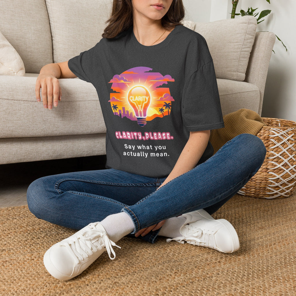 Clarity Please T-Shirt — Retro Sunset Lightbulb "Say What You Actually Mean" Graphic Tee